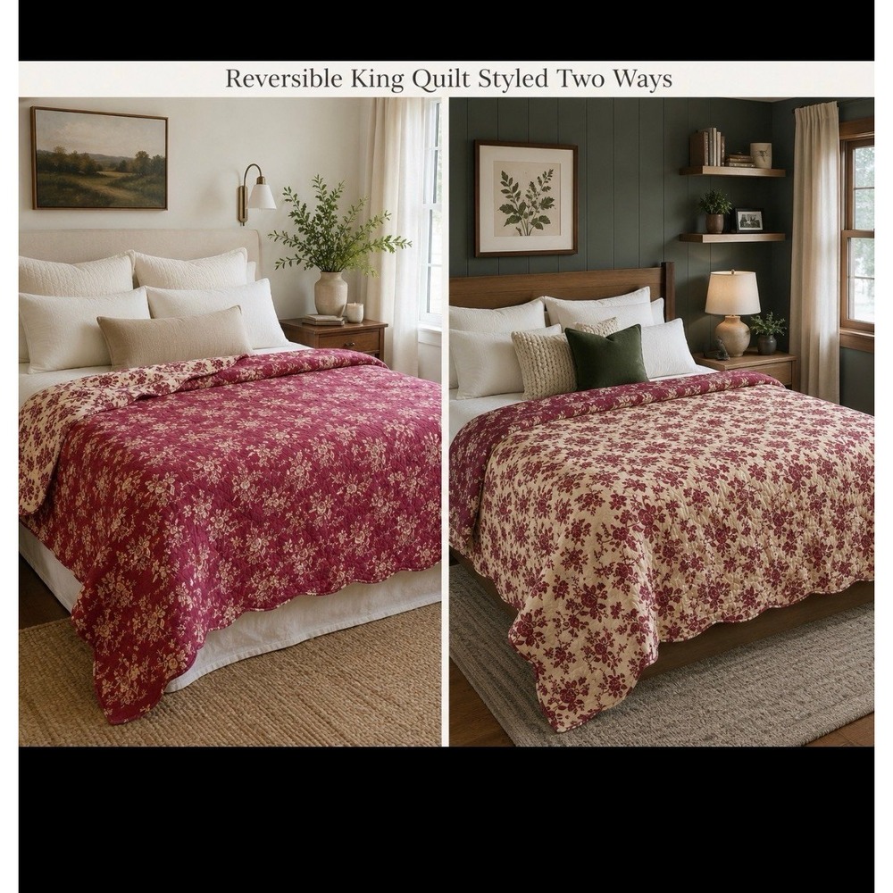 King quilt.   Reversible Toile   Cabbage roses